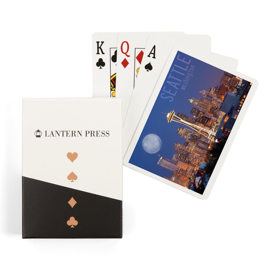 Playing Cards, Seattle, Washington, Skyline and Full Moon, 52 Card Deck with Jokers in Box, Unique Art Cards Lantern Press 