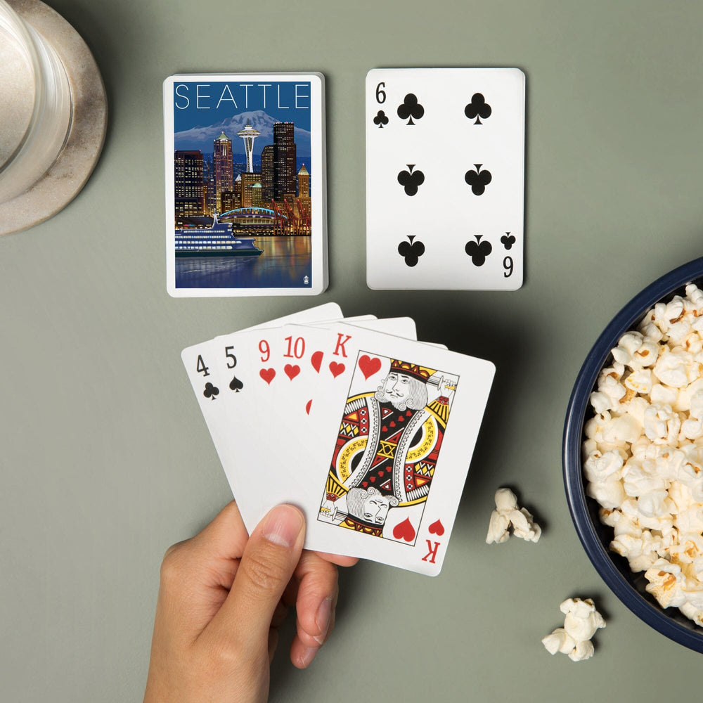 Playing Cards, Seattle, Washington, Skyline at Night, 52 Card Deck with Jokers in Box, Unique Art Cards Lantern Press 