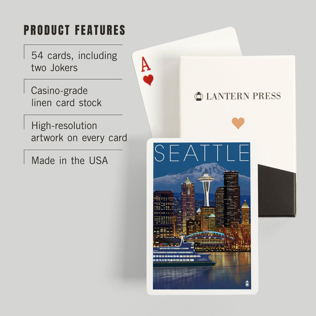 Playing Cards, Seattle, Washington, Skyline at Night, 52 Card Deck with Jokers in Box, Unique Art Cards Lantern Press 
