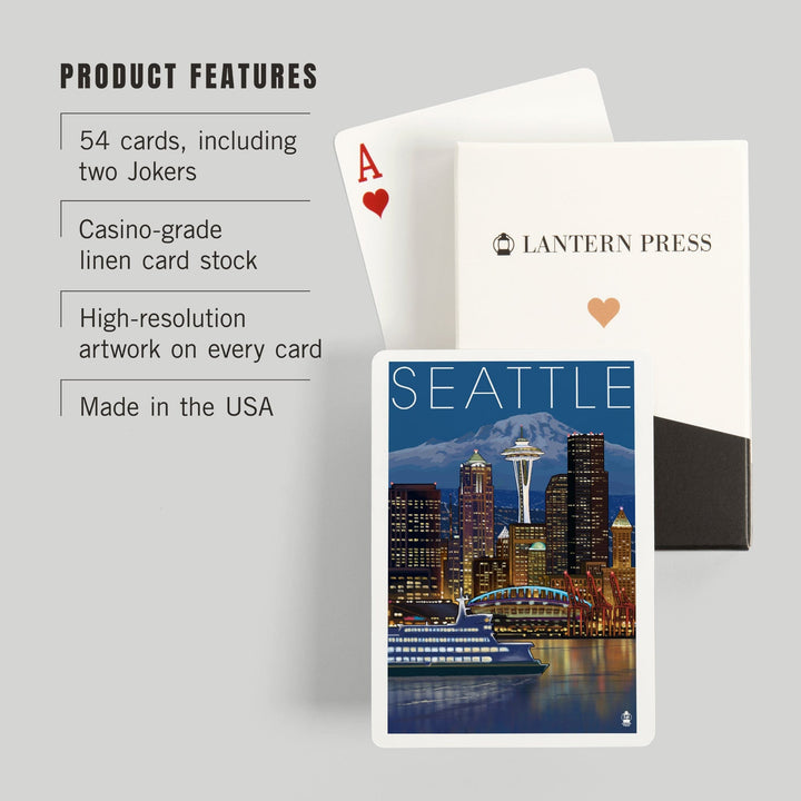 Playing Cards, Seattle, Washington, Skyline at Night, 52 Card Deck with Jokers in Box, Unique Art Cards Lantern Press 