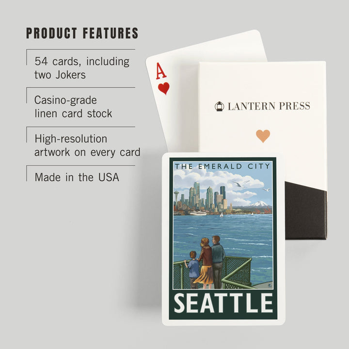 Playing Cards, Seattle, Washington, Skyline, The Emerald City and Ferry, 52 Card Deck with Jokers in Box, Unique Art Cards Lantern Press 