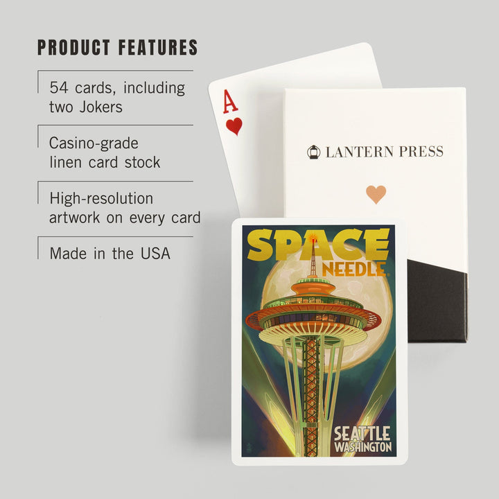 Playing Cards, Seattle, Washington, Space Needle and Full Moon, 52 Card Deck with Jokers in Box, Unique Art Cards Lantern Press 