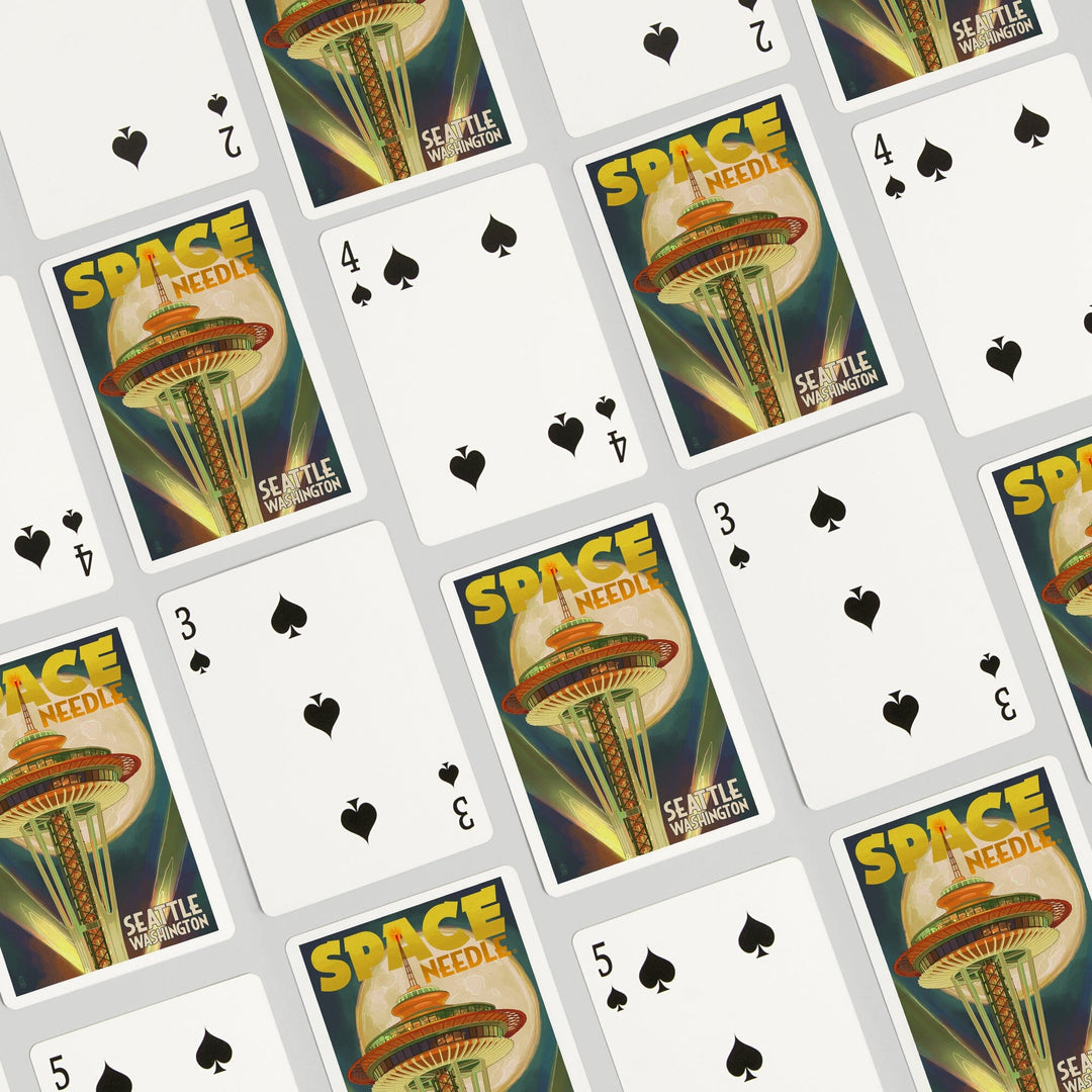 Playing Cards, Seattle, Washington, Space Needle and Full Moon, 52 Card Deck with Jokers in Box, Unique Art Cards Lantern Press 