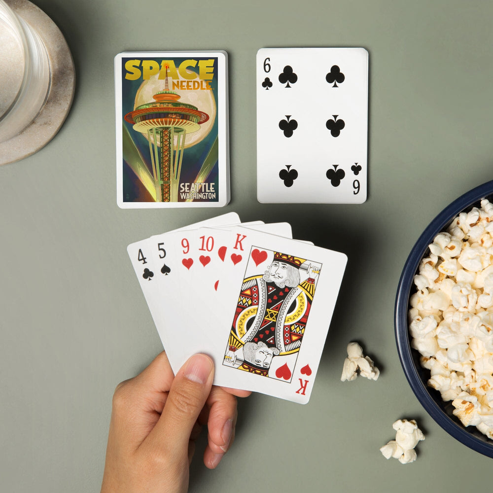 Playing Cards, Seattle, Washington, Space Needle and Full Moon, 52 Card Deck with Jokers in Box, Unique Art Cards Lantern Press 