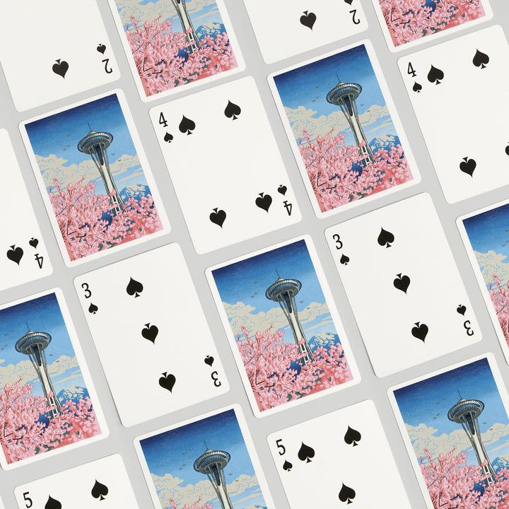 Playing Cards, Seattle, Washington, Space Needle, Cherry Blossoms Woodblock, 52 Card Deck with Jokers in Box, Unique Art Cards Lantern Press 