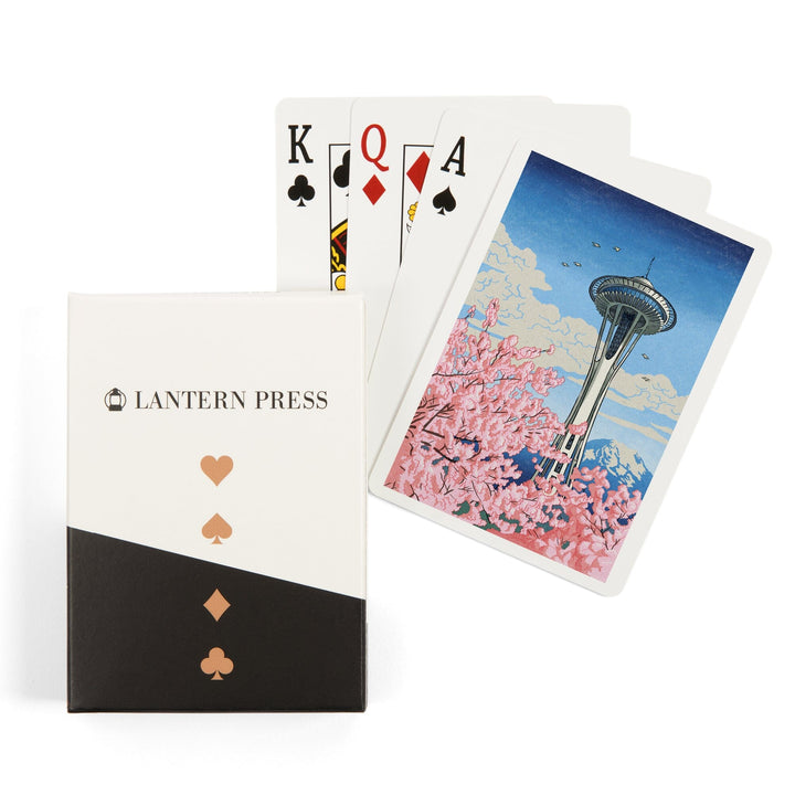 Playing Cards, Seattle, Washington, Space Needle, Cherry Blossoms Woodblock, 52 Card Deck with Jokers in Box, Unique Art Cards Lantern Press 