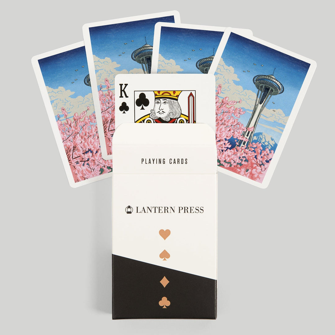 Playing Cards, Seattle, Washington, Space Needle, Cherry Blossoms Woodblock, 52 Card Deck with Jokers in Box, Unique Art Cards Lantern Press 