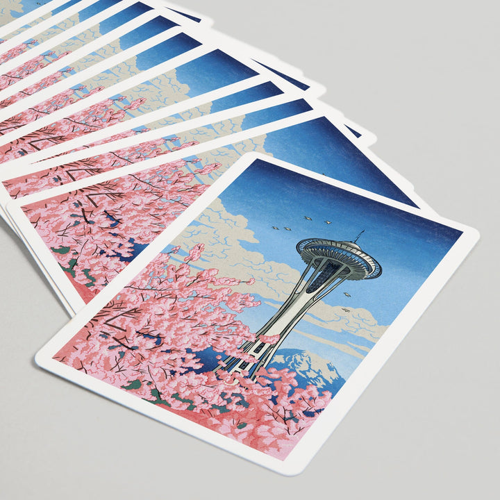 Playing Cards, Seattle, Washington, Space Needle, Cherry Blossoms Woodblock, 52 Card Deck with Jokers in Box, Unique Art Cards Lantern Press 