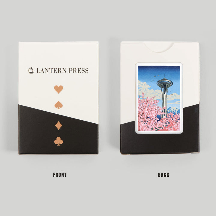 Playing Cards, Seattle, Washington, Space Needle, Cherry Blossoms Woodblock, 52 Card Deck with Jokers in Box, Unique Art Cards Lantern Press 