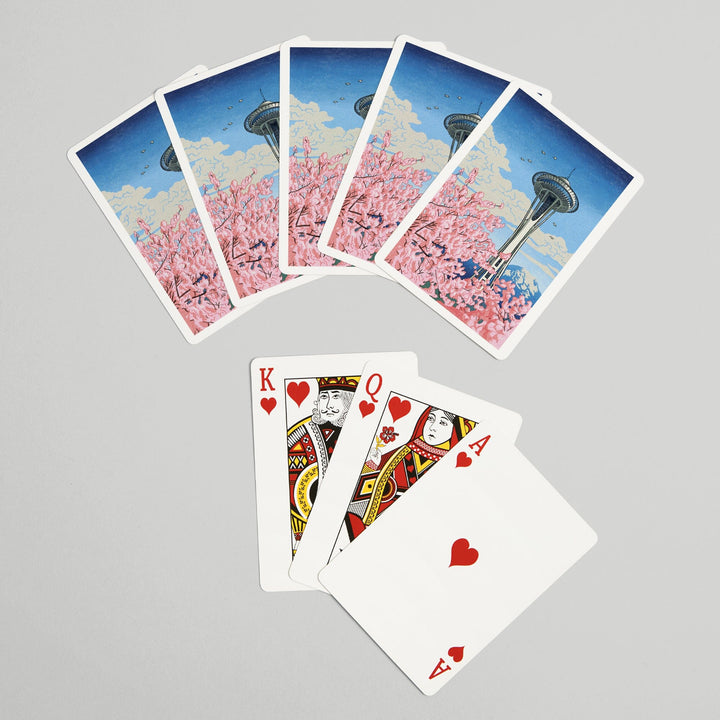 Playing Cards, Seattle, Washington, Space Needle, Cherry Blossoms Woodblock, 52 Card Deck with Jokers in Box, Unique Art Cards Lantern Press 