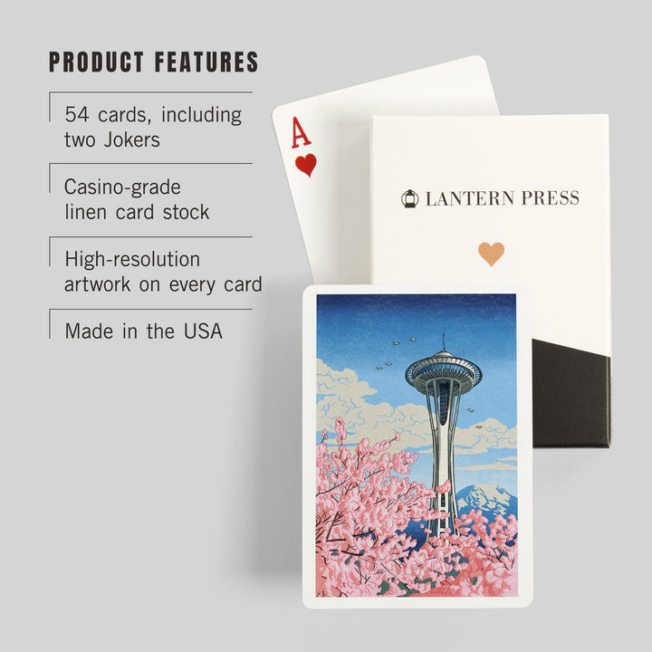Playing Cards, Seattle, Washington, Space Needle, Cherry Blossoms Woodblock, 52 Card Deck with Jokers in Box, Unique Art Cards Lantern Press 