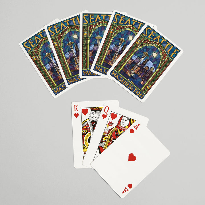 Playing Cards, Seattle, Washington, Stained Glass Window, 52 Card Deck with Jokers in Box, Unique Art Cards Lantern Press 