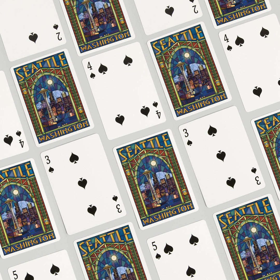 Playing Cards, Seattle, Washington, Stained Glass Window, 52 Card Deck with Jokers in Box, Unique Art Cards Lantern Press 