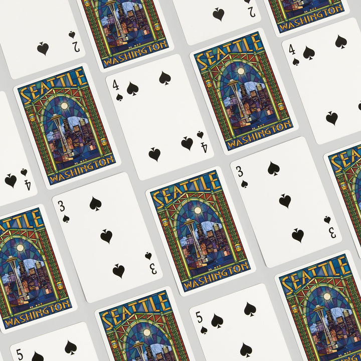 Playing Cards, Seattle, Washington, Stained Glass Window, 52 Card Deck with Jokers in Box, Unique Art Cards Lantern Press 