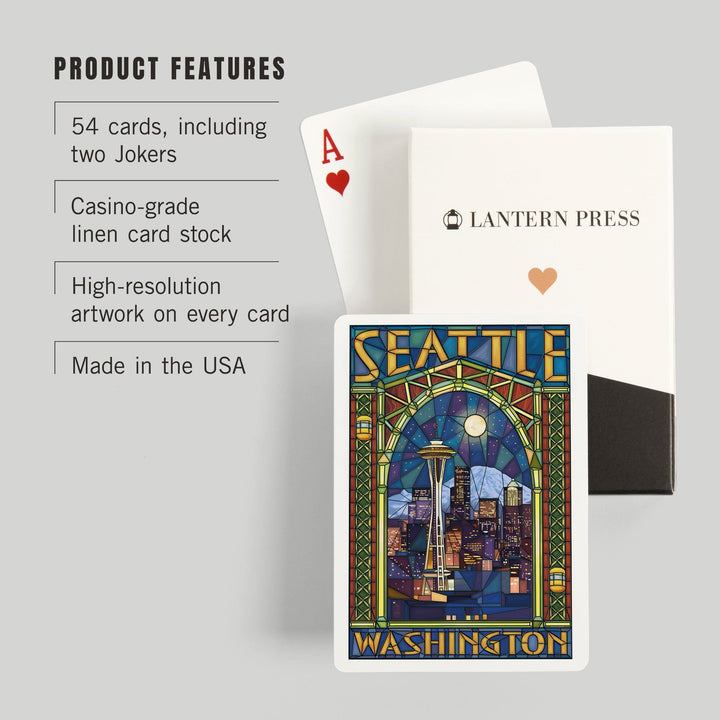 Playing Cards, Seattle, Washington, Stained Glass Window, 52 Card Deck with Jokers in Box, Unique Art Cards Lantern Press 