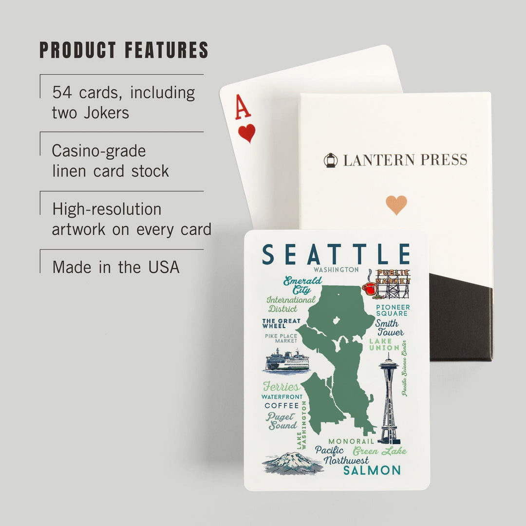 Playing Cards, Seattle, Washington, Typography and Icons, 52 Card Deck with Jokers in Box, Unique Art Cards Lantern Press 