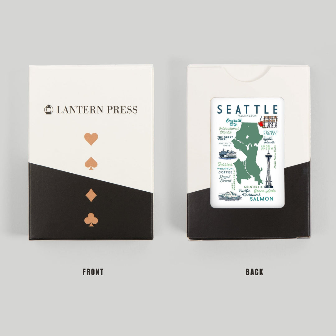 Playing Cards, Seattle, Washington, Typography and Icons, 52 Card Deck with Jokers in Box, Unique Art Cards Lantern Press 