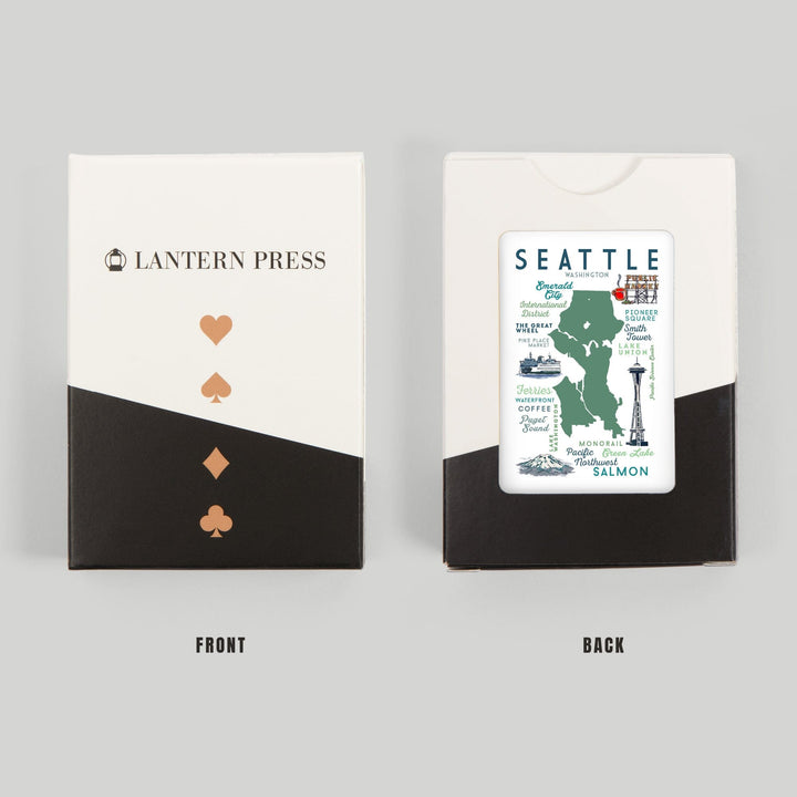 Playing Cards, Seattle, Washington, Typography and Icons, 52 Card Deck with Jokers in Box, Unique Art Cards Lantern Press 