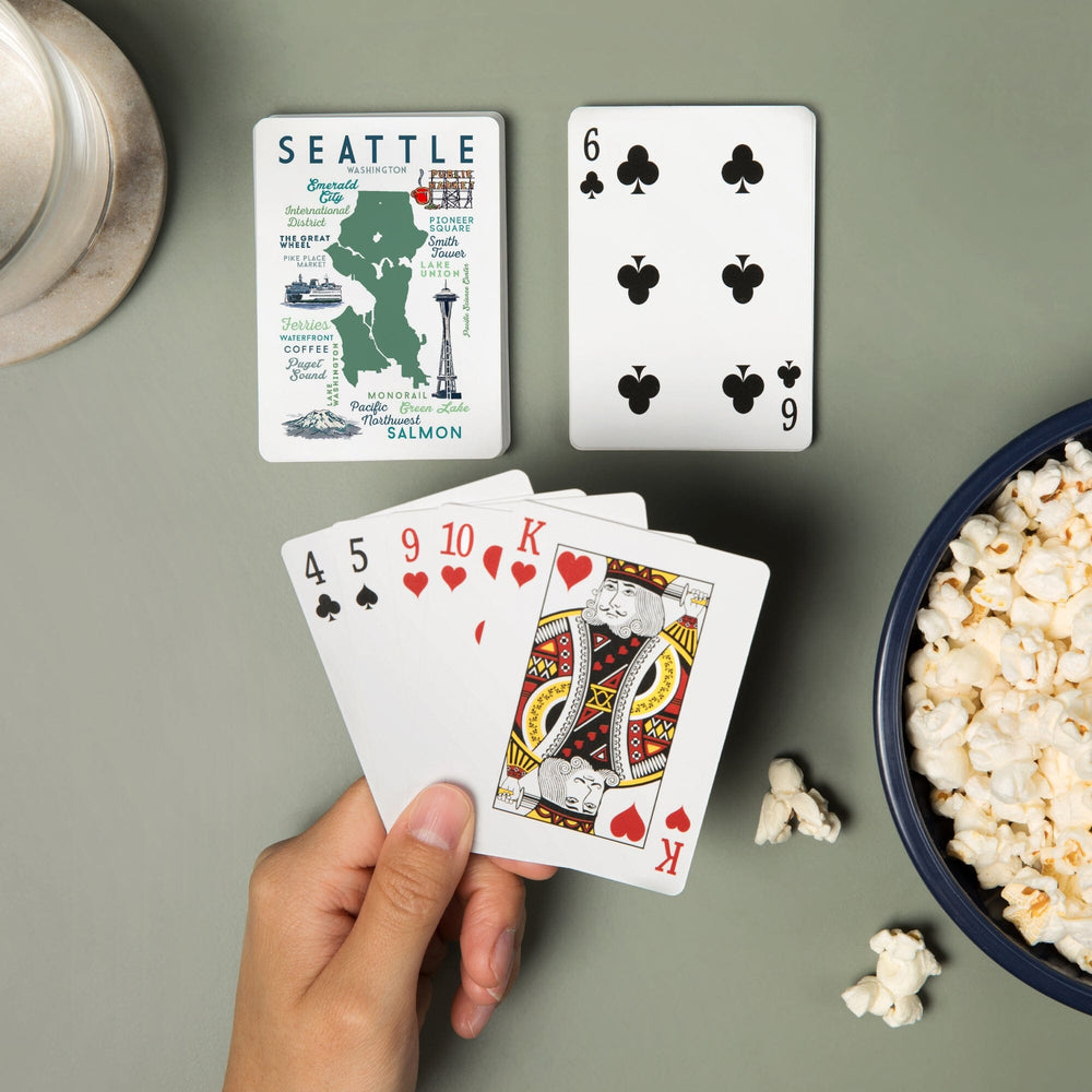 Playing Cards, Seattle, Washington, Typography and Icons, 52 Card Deck with Jokers in Box, Unique Art Cards Lantern Press 