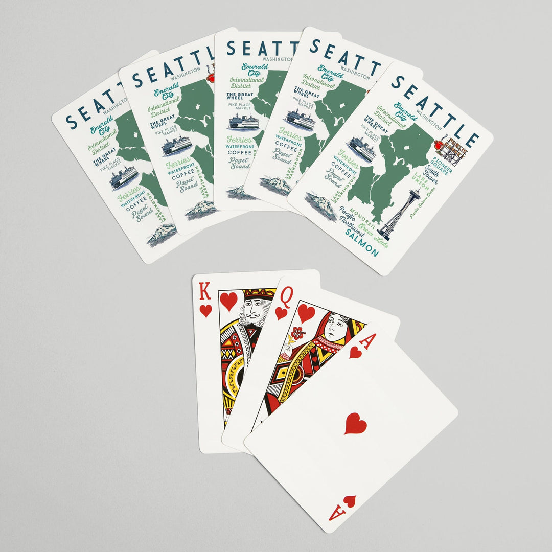 Playing Cards, Seattle, Washington, Typography and Icons, 52 Card Deck with Jokers in Box, Unique Art Cards Lantern Press 