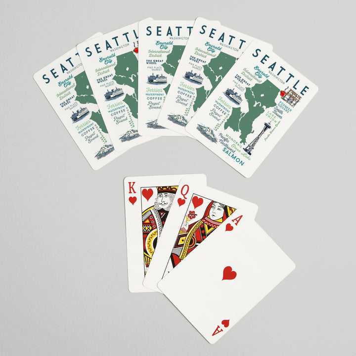 Playing Cards, Seattle, Washington, Typography and Icons, 52 Card Deck with Jokers in Box, Unique Art Cards Lantern Press 