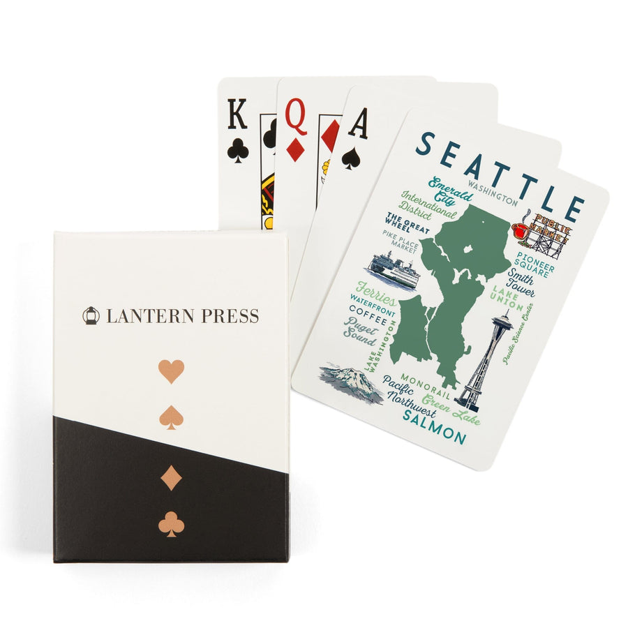 Playing Cards, Seattle, Washington, Typography and Icons, 52 Card Deck with Jokers in Box, Unique Art Cards Lantern Press 