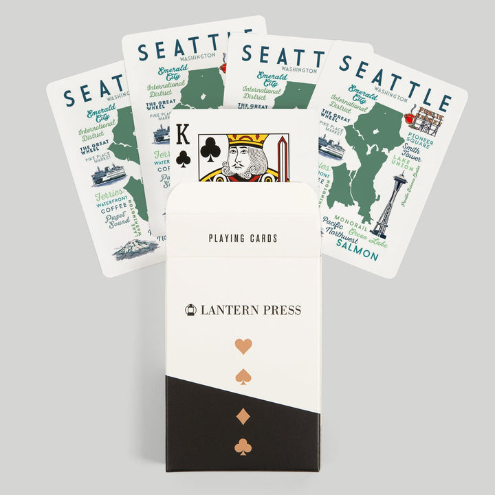 Playing Cards, Seattle, Washington, Typography and Icons, 52 Card Deck with Jokers in Box, Unique Art Cards Lantern Press 
