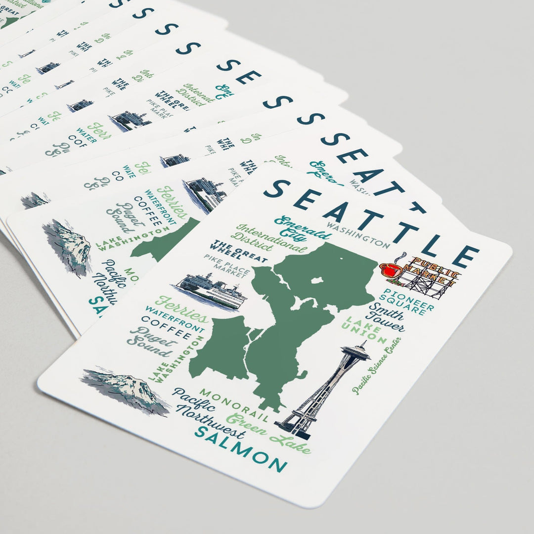 Playing Cards, Seattle, Washington, Typography and Icons, 52 Card Deck with Jokers in Box, Unique Art Cards Lantern Press 