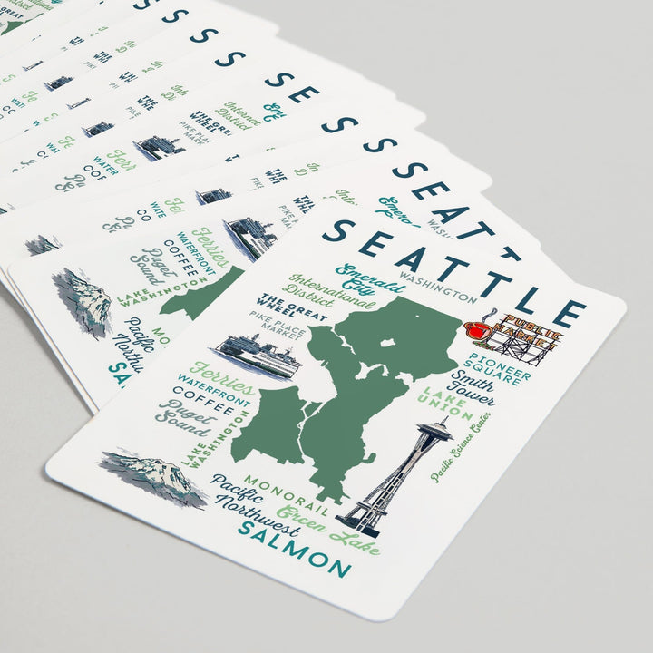 Playing Cards, Seattle, Washington, Typography and Icons, 52 Card Deck with Jokers in Box, Unique Art Cards Lantern Press 