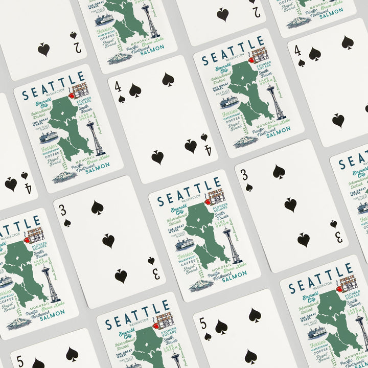 Playing Cards, Seattle, Washington, Typography and Icons, 52 Card Deck with Jokers in Box, Unique Art Cards Lantern Press 