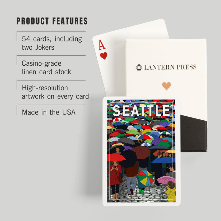 Playing Cards, Seattle, Washington, Umbrellas, 52 Card Deck with Jokers in Box, Unique Art Cards Lantern Press 