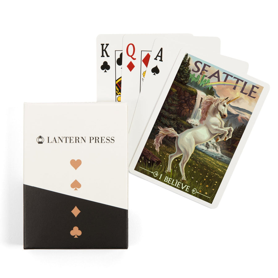 Playing Cards, Seattle, Washington, Unicorn Scene, 52 Card Deck with Jokers in Box, Unique Art Cards Lantern Press 