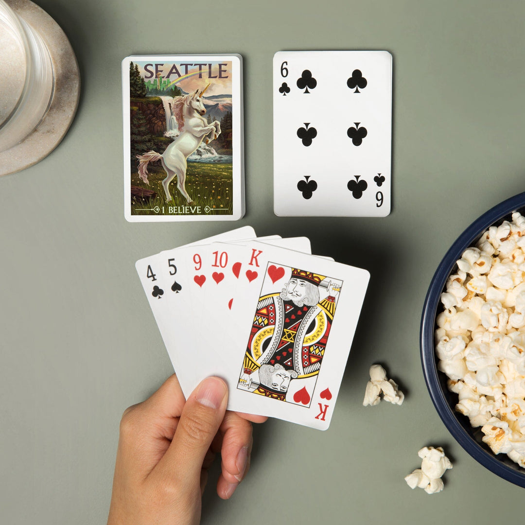 Playing Cards, Seattle, Washington, Unicorn Scene, 52 Card Deck with Jokers in Box, Unique Art Cards Lantern Press 