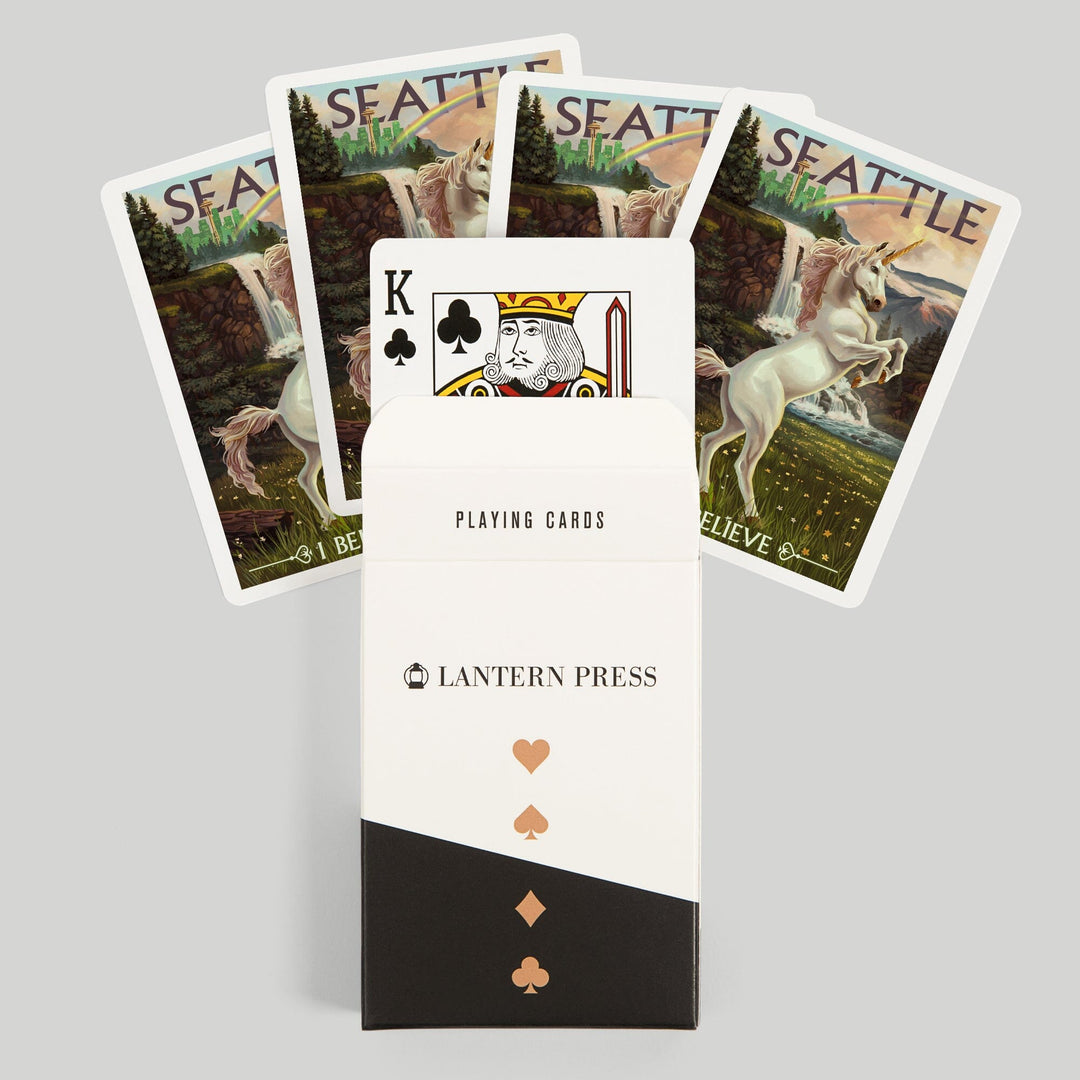 Playing Cards, Seattle, Washington, Unicorn Scene, 52 Card Deck with Jokers in Box, Unique Art Cards Lantern Press 