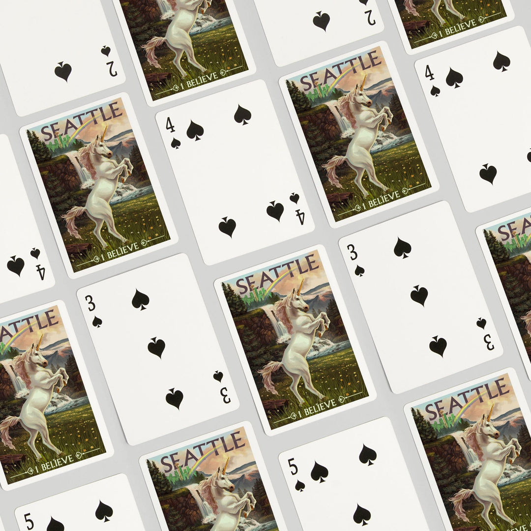 Playing Cards, Seattle, Washington, Unicorn Scene, 52 Card Deck with Jokers in Box, Unique Art Cards Lantern Press 