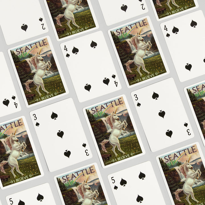 Playing Cards, Seattle, Washington, Unicorn Scene, 52 Card Deck with Jokers in Box, Unique Art Cards Lantern Press 