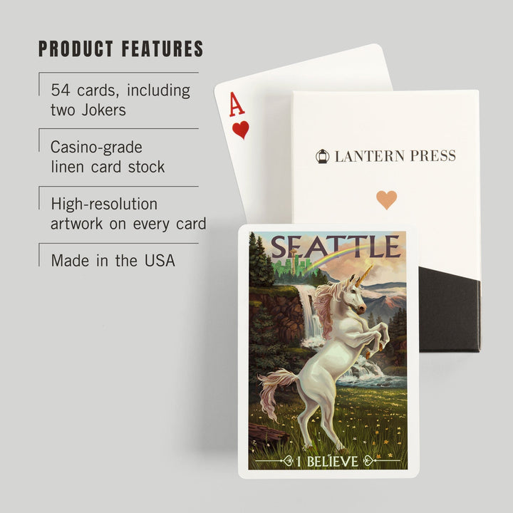 Playing Cards, Seattle, Washington, Unicorn Scene, 52 Card Deck with Jokers in Box, Unique Art Cards Lantern Press 