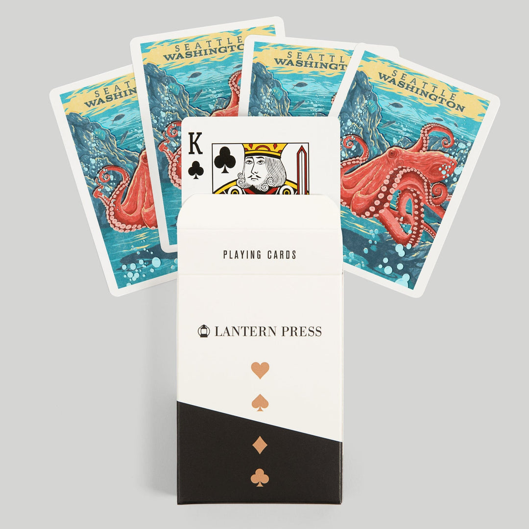 Playing Cards, Seattle, Washington, Vintage Print Press, Octopus, 52 Card Deck with Jokers in Box, Unique Art Cards Lantern Press 