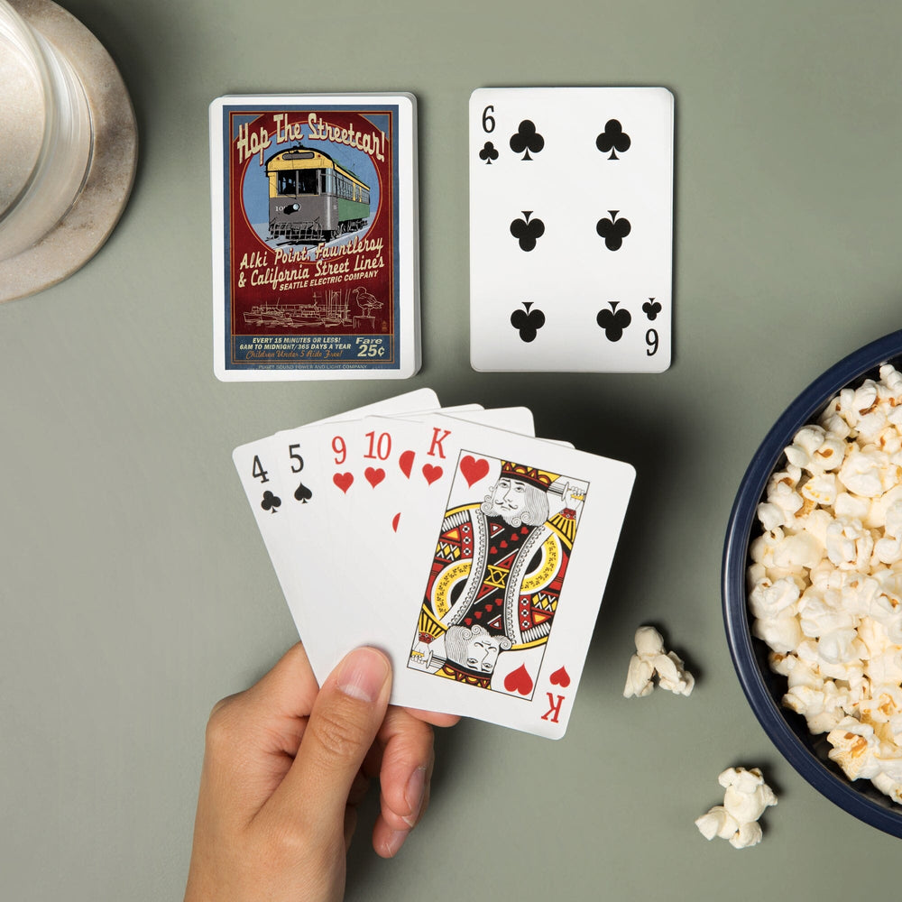 Playing Cards, Seattle, Washington, West Seattle Streetcar Vintage Sign, 52 Card Deck with Jokers in Box, Unique Art Cards Lantern Press 