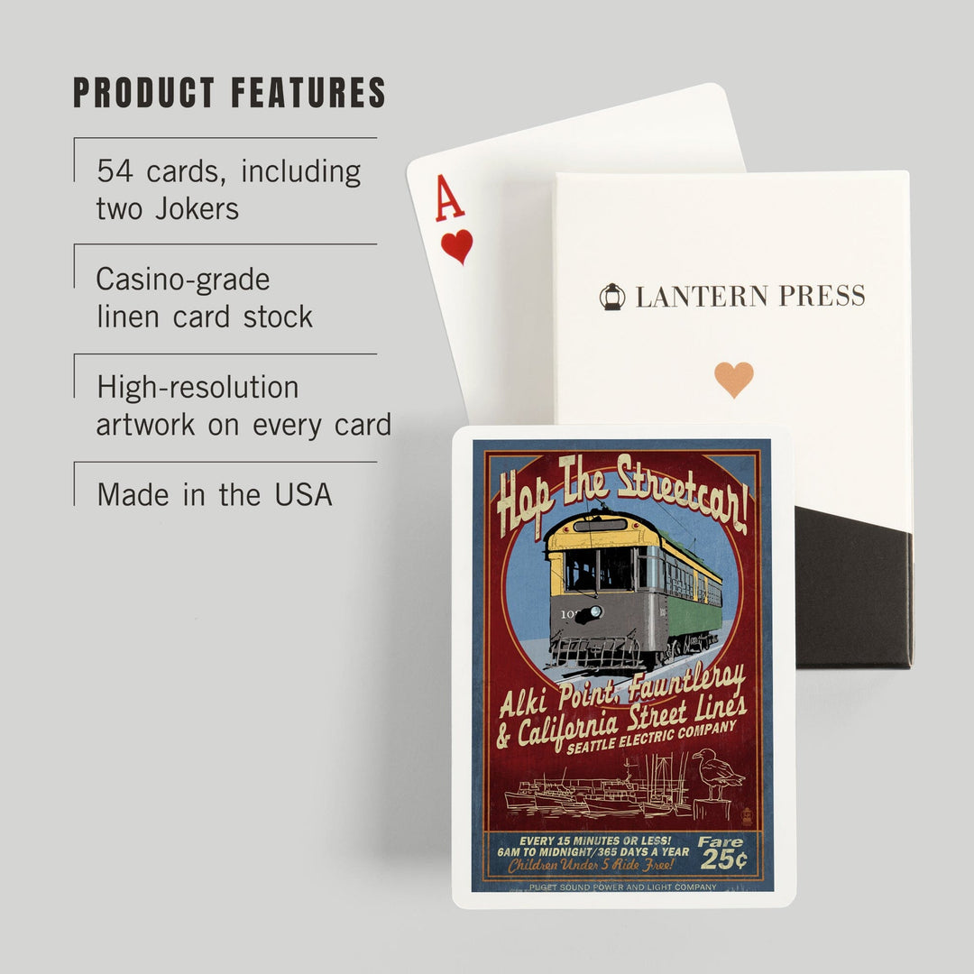 Playing Cards, Seattle, Washington, West Seattle Streetcar Vintage Sign, 52 Card Deck with Jokers in Box, Unique Art Cards Lantern Press 
