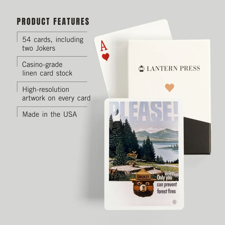 Playing Cards, Smokey Bear, Please, Only You Can Help, Lake and Forest, Officially Licensed Vintage Poster, 52 Card Deck with Jokers in Box, Unique Art Cards Lantern Press 