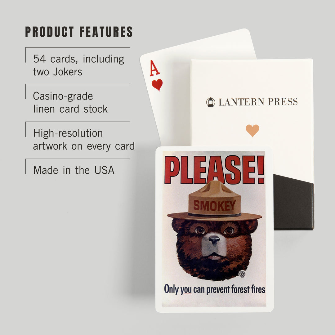 Playing Cards, Smokey Bear, Please, Only You Can Help, Smokey Head, Officially Licensed Vintage Poster, 52 Card Deck with Jokers in Box, Unique Art Cards Lantern Press 