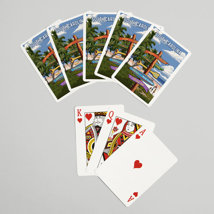 Playing Cards, South Carolina, Signpost, Coast Beach with Palms, 52 Card Deck with Jokers in Box, Unique Art Cards Lantern Press 