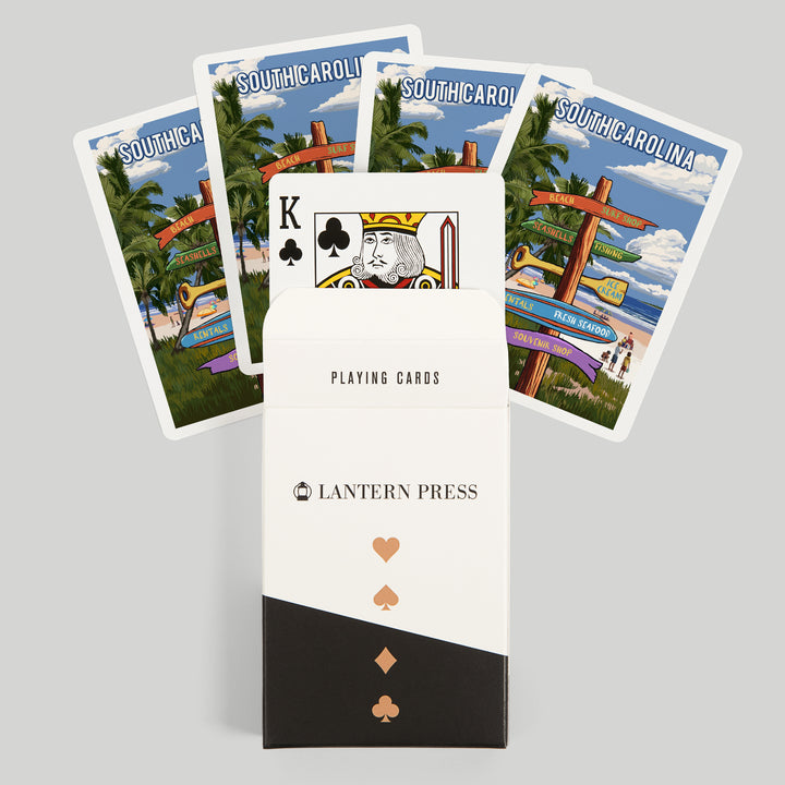Playing Cards, South Carolina, Signpost, Coast Beach with Palms, 52 Card Deck with Jokers in Box, Unique Art Cards Lantern Press 