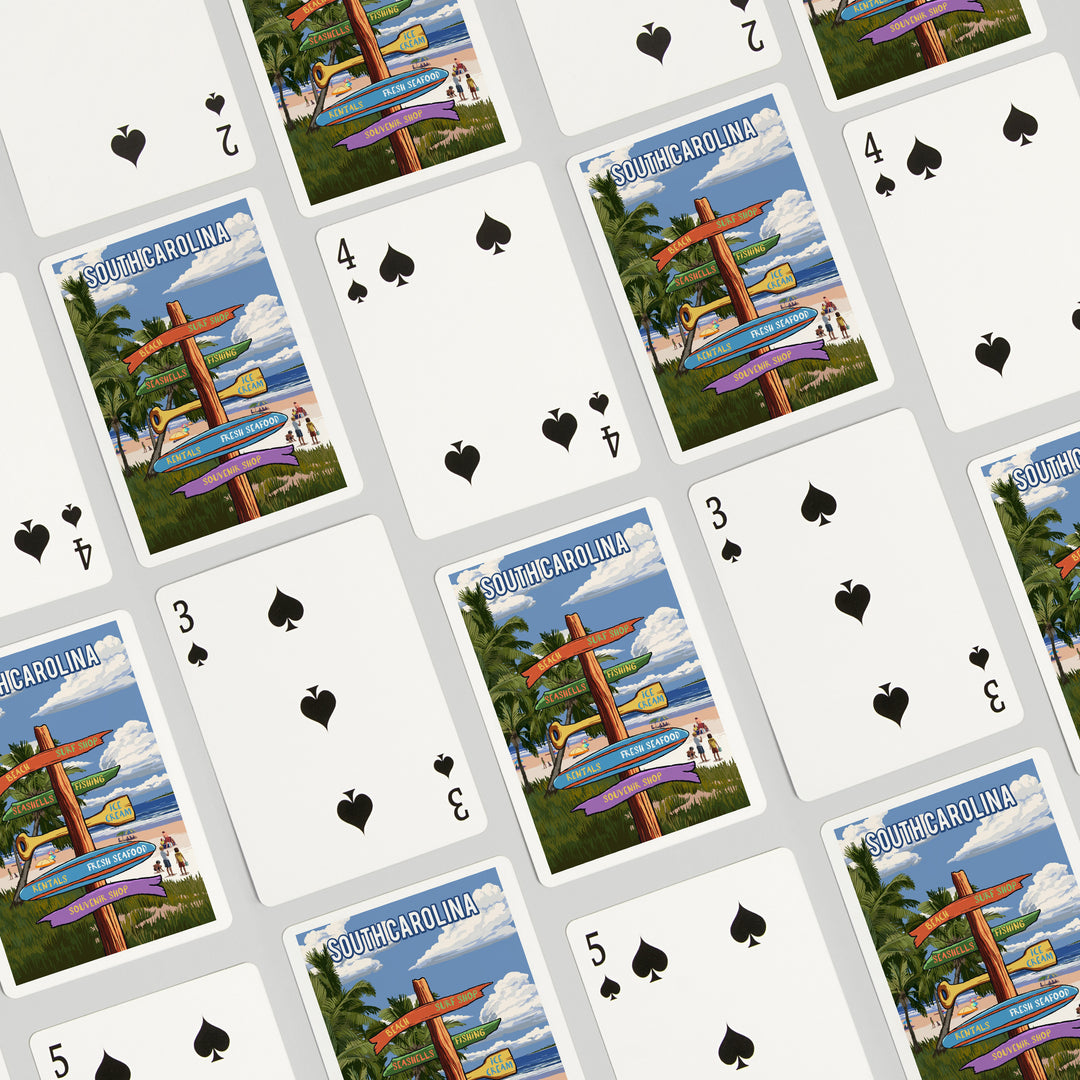 Playing Cards, South Carolina, Signpost, Coast Beach with Palms, 52 Card Deck with Jokers in Box, Unique Art Cards Lantern Press 