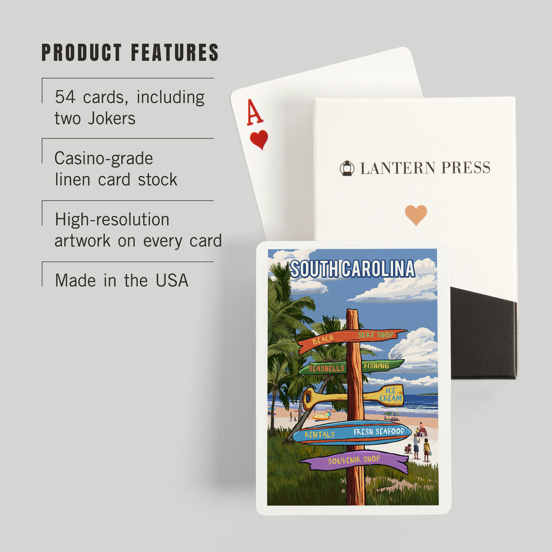 Playing Cards, South Carolina, Signpost, Coast Beach with Palms, 52 Card Deck with Jokers in Box, Unique Art Cards Lantern Press 