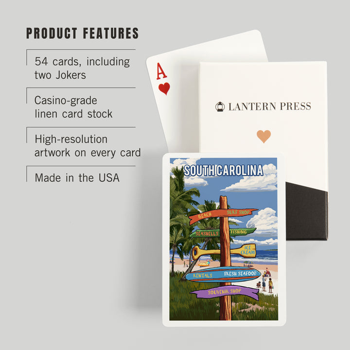 Playing Cards, South Carolina, Signpost, Coast Beach with Palms, 52 Card Deck with Jokers in Box, Unique Art Cards Lantern Press 