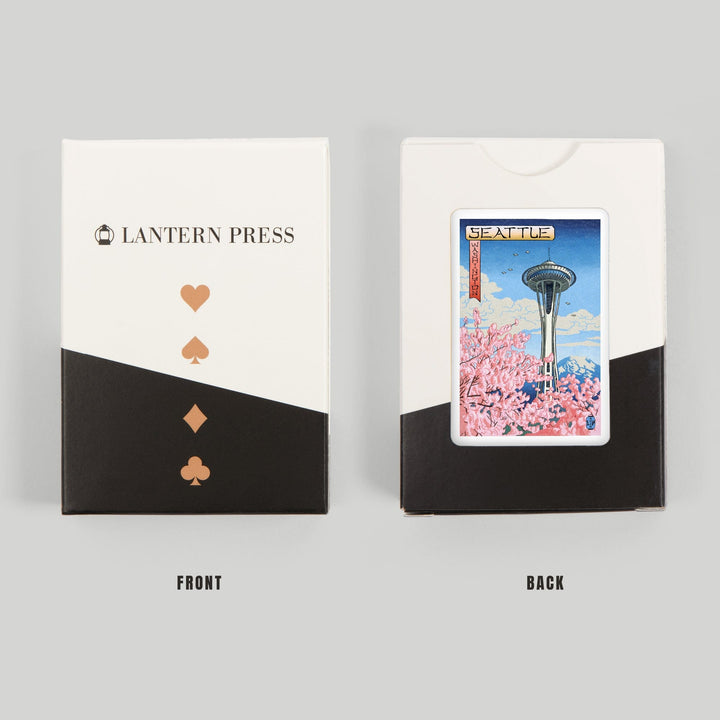 Playing Cards, Space Needle, Cherry Blossoms Woodblock, Seattle, Washington, 52 Card Deck with Jokers in Box, Unique Art Cards Lantern Press 