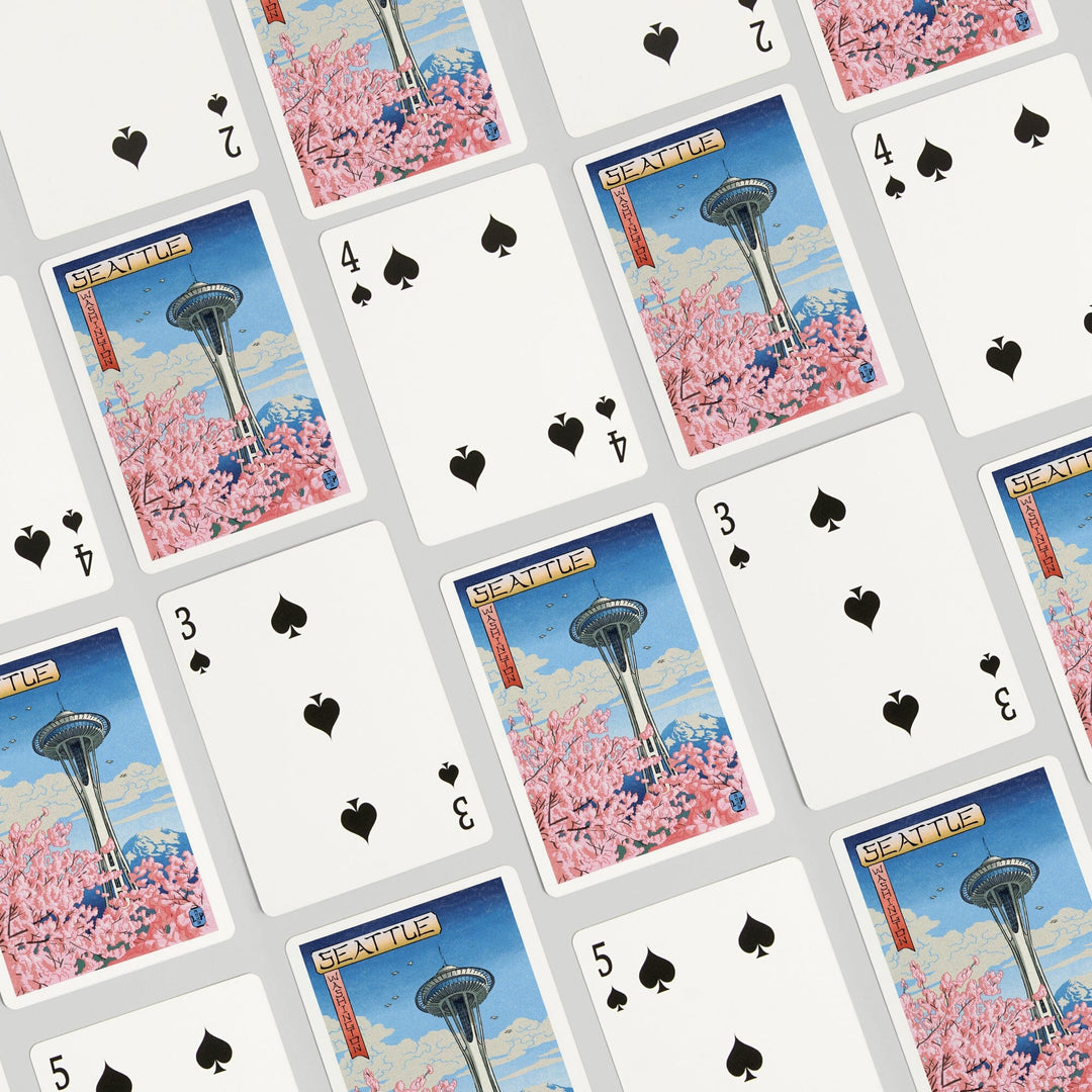 Playing Cards, Space Needle, Cherry Blossoms Woodblock, Seattle, Washington, 52 Card Deck with Jokers in Box, Unique Art Cards Lantern Press 
