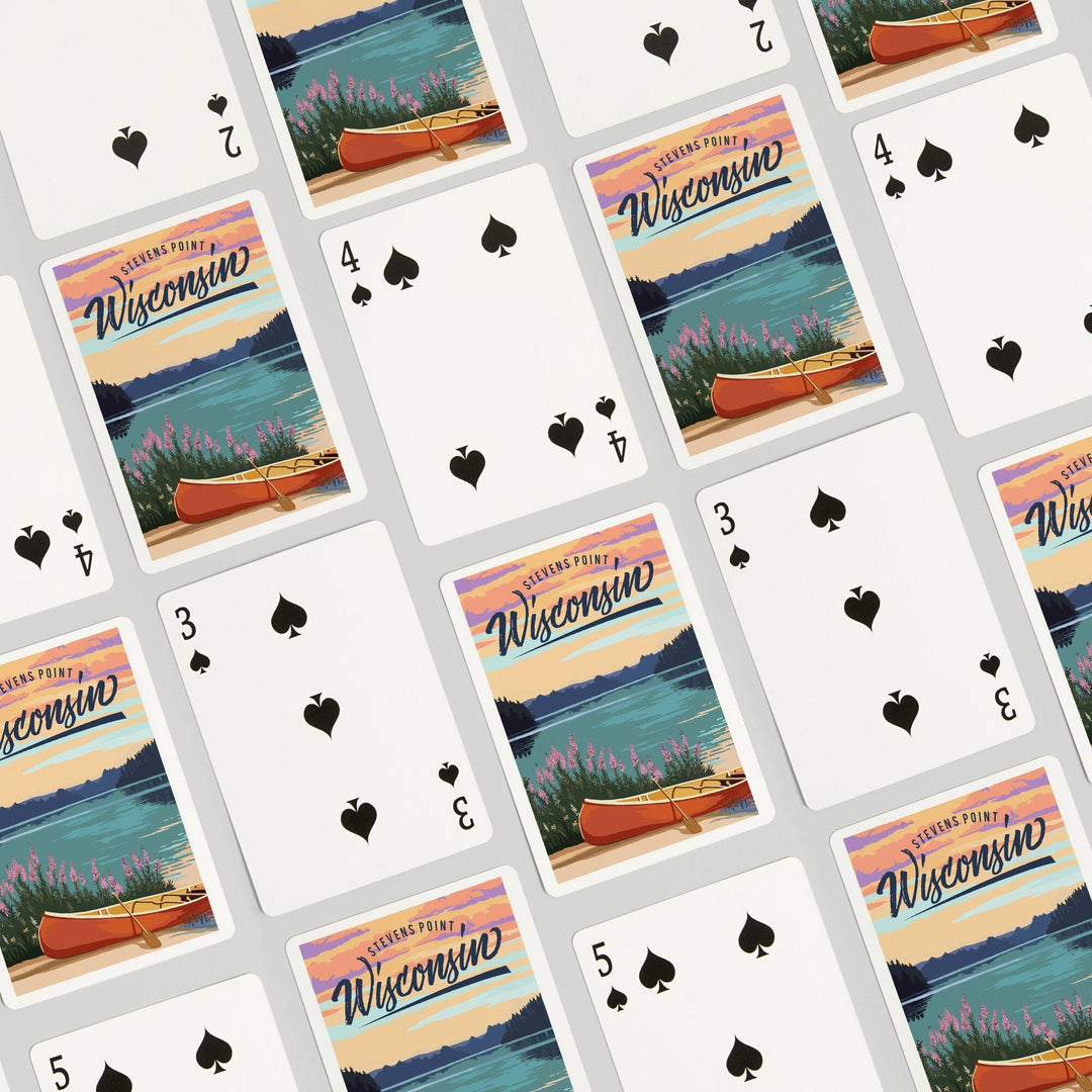 Playing Cards, Stevens Point, Wisconsin, Canoe and Lake Scene, 52 Card Deck with Jokers in Box, Unique Art Cards Lantern Press 